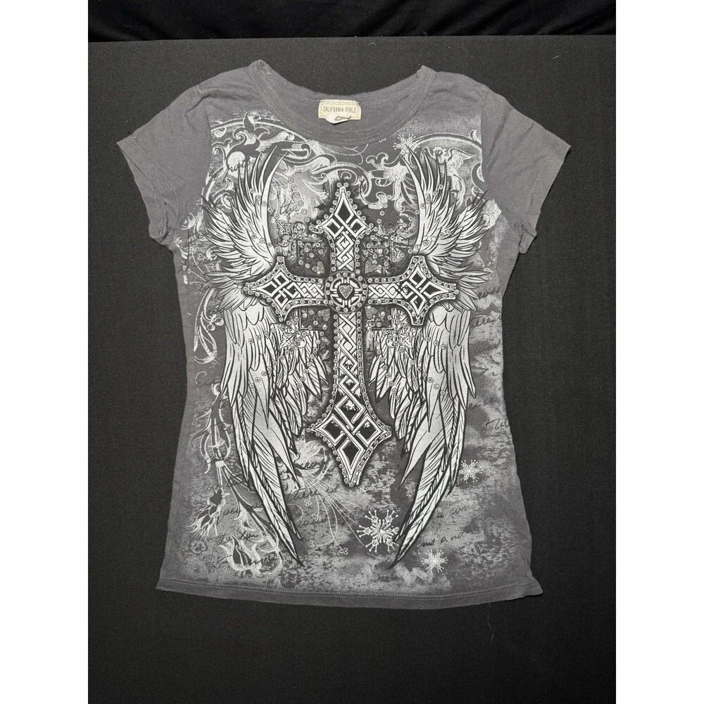 Y2K California Girlz McBling Grunge Glitter Cross Wings Gray Baby Tee Teen S